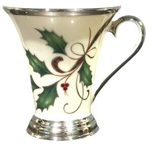 Lenox Holiday Nouveau Platinum Christmas Holly Berry Large Accent Mug-Excellent
